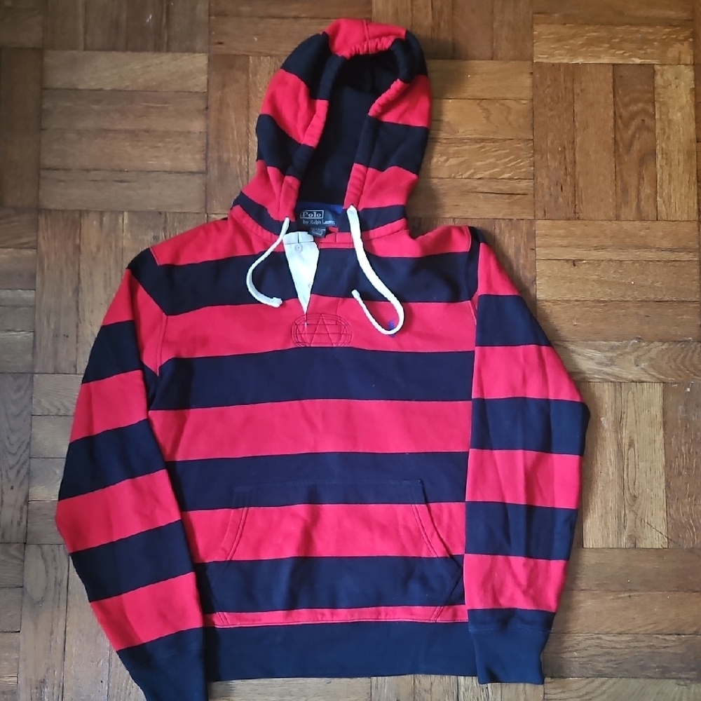 Ralph Lauren Red and Black Striped Pullover Hoodie M